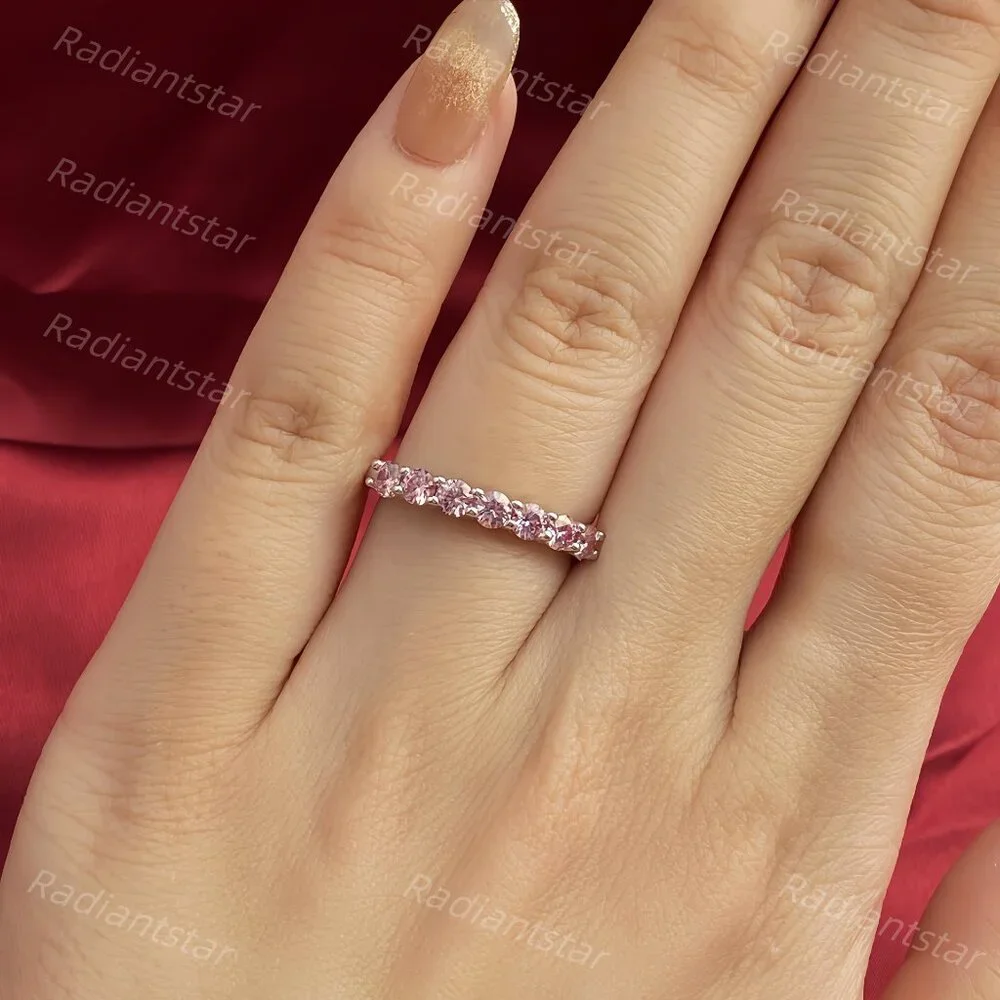 NEW Certified 3mm Pink Moissanite 7 Stone Half Eternity Band Ring
